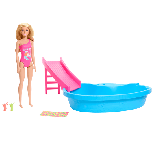 Barbie Coffret de Jeu et Poup¨¦e, Blonde, Piscine, Serviette, Boissons