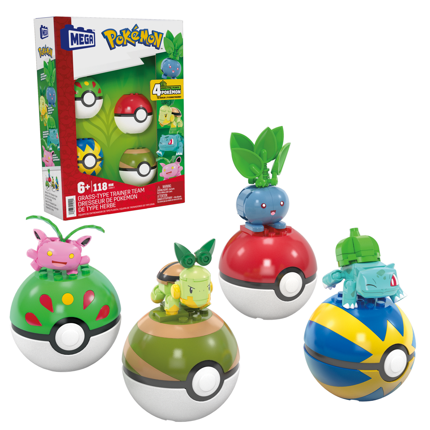 MEGA Pok¨¦mon Grass-Type Trainer Team Building Toy Kit, 4 Action Figures (118 Pieces) For Kids